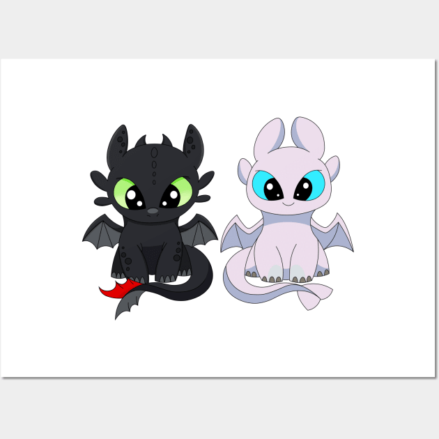 Dragon furies, toothless and light fury, kawaii dragons, how to train dragon Wall Art by PrimeStore